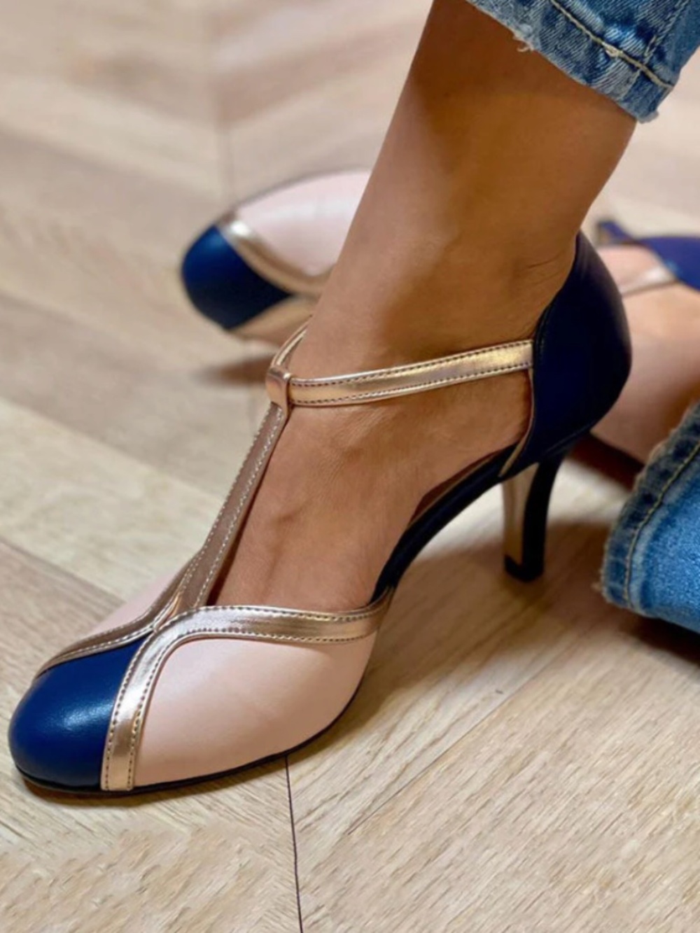 Alessia Navy and Blush T-Strap Heels with Gold Trim
